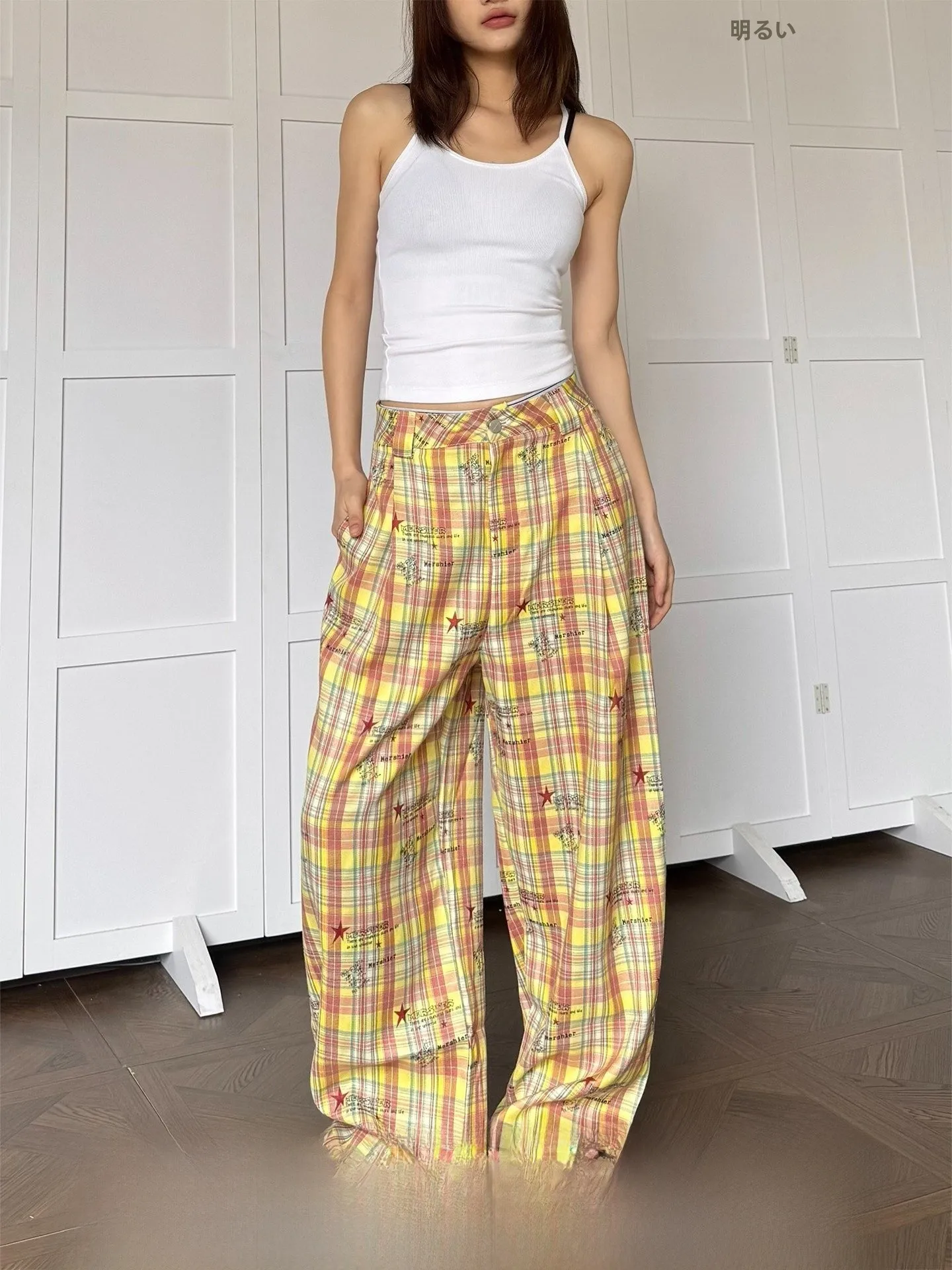 

Don Cry Vintage Plaid Star Print Wide Leg Casual Pants Women's American Style Casual Versatile Loose Fit Straight Cut Trousers