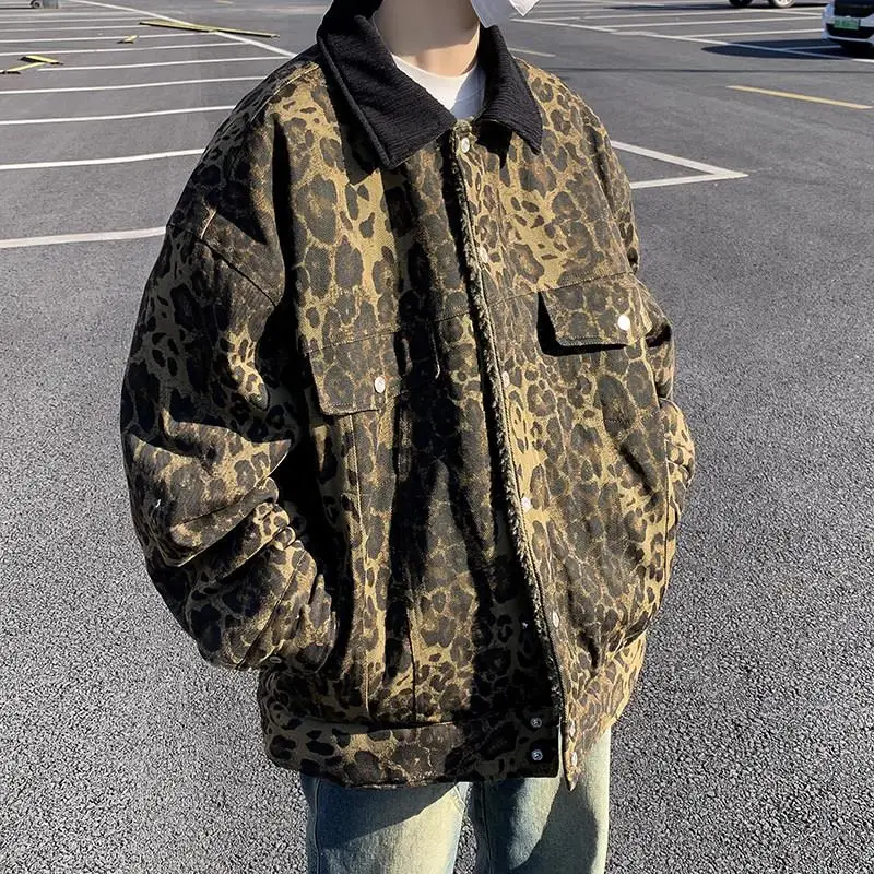 

Lamb Fur Cotton Jacket Men's Casual Hip Hop Trendy American Retro Two-Sided Wear Leopard Print Cotton Coat Warm Outerwear