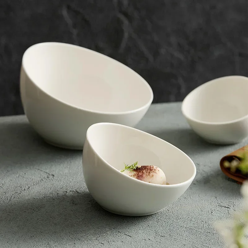 Household Ceramic Bowls, Kitchen Utensils, Salad Bowls, White Slanted Mouth Bowls, Desserts, Buffet, Side Dishes, Tableware