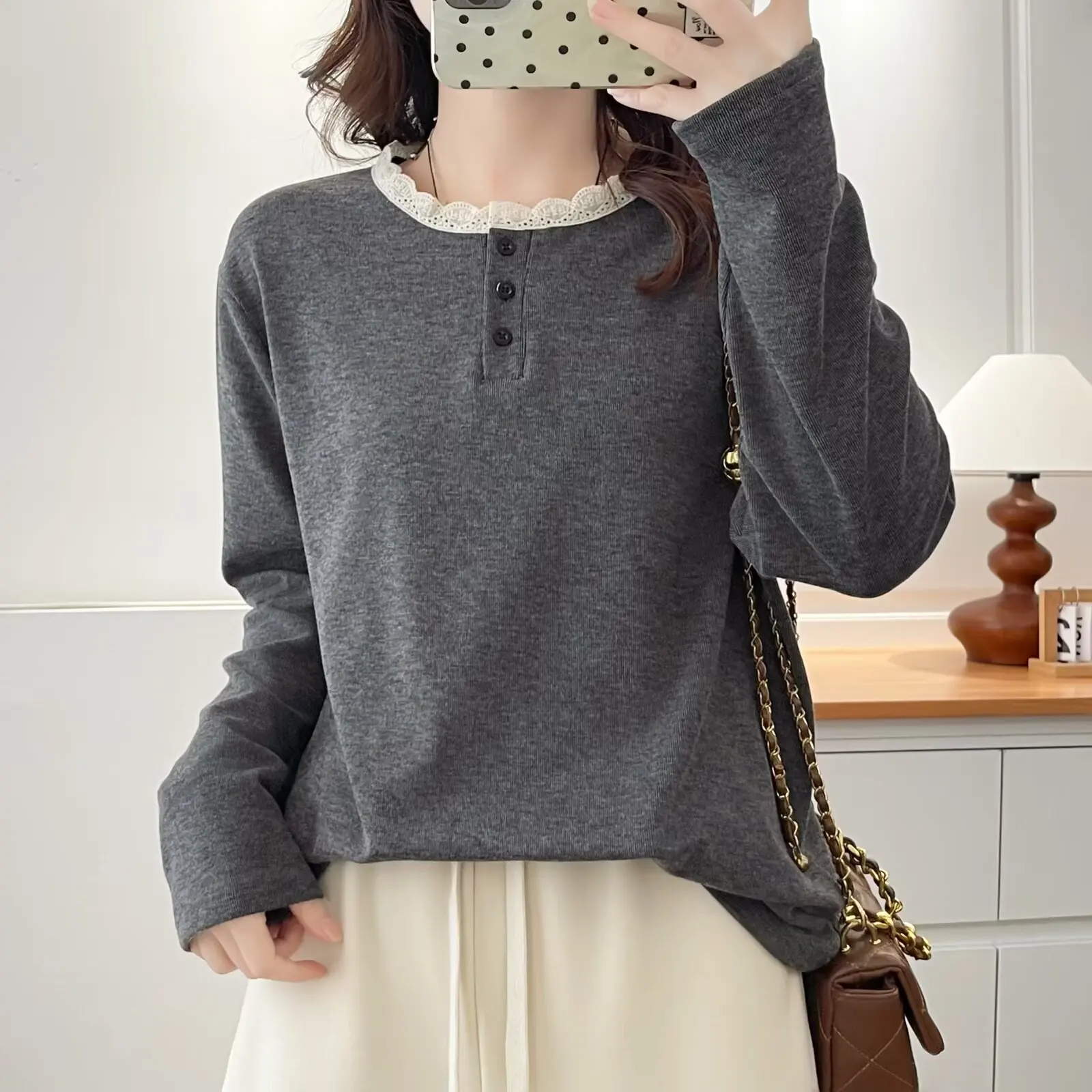 

XXXXL модная женская футболка больших размеров 202, осень и зима, новые флисовые теплые топы с кружевным воротником и длинными рукавами, 2526