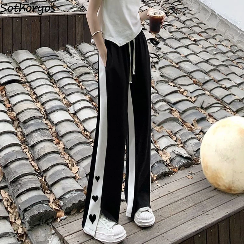 

L-6XL Slit Casual Pants Women Side Stripe Fashion Cute High Waist Sporty Baggy Design College Wide Leg Trousers All-match Simple