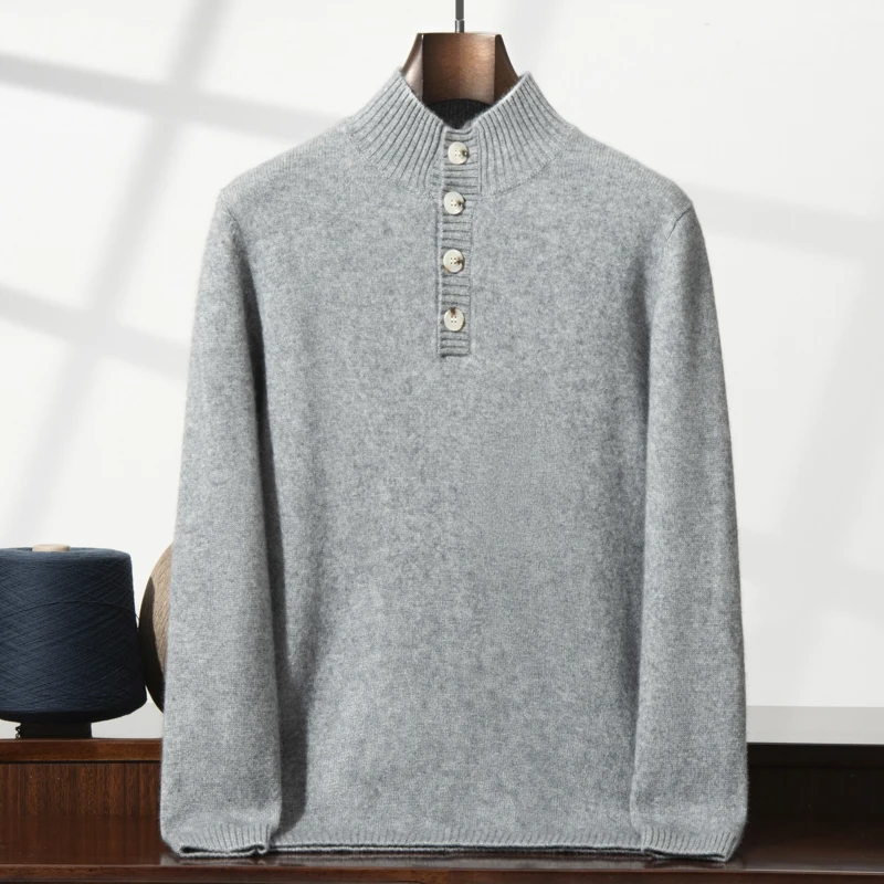 ZOCEPT Winter Thicken Cashmere Sweater for Men Knitted New Casual Warm Button Placket Pure Cashmere Pullover Mock Neck Sweater