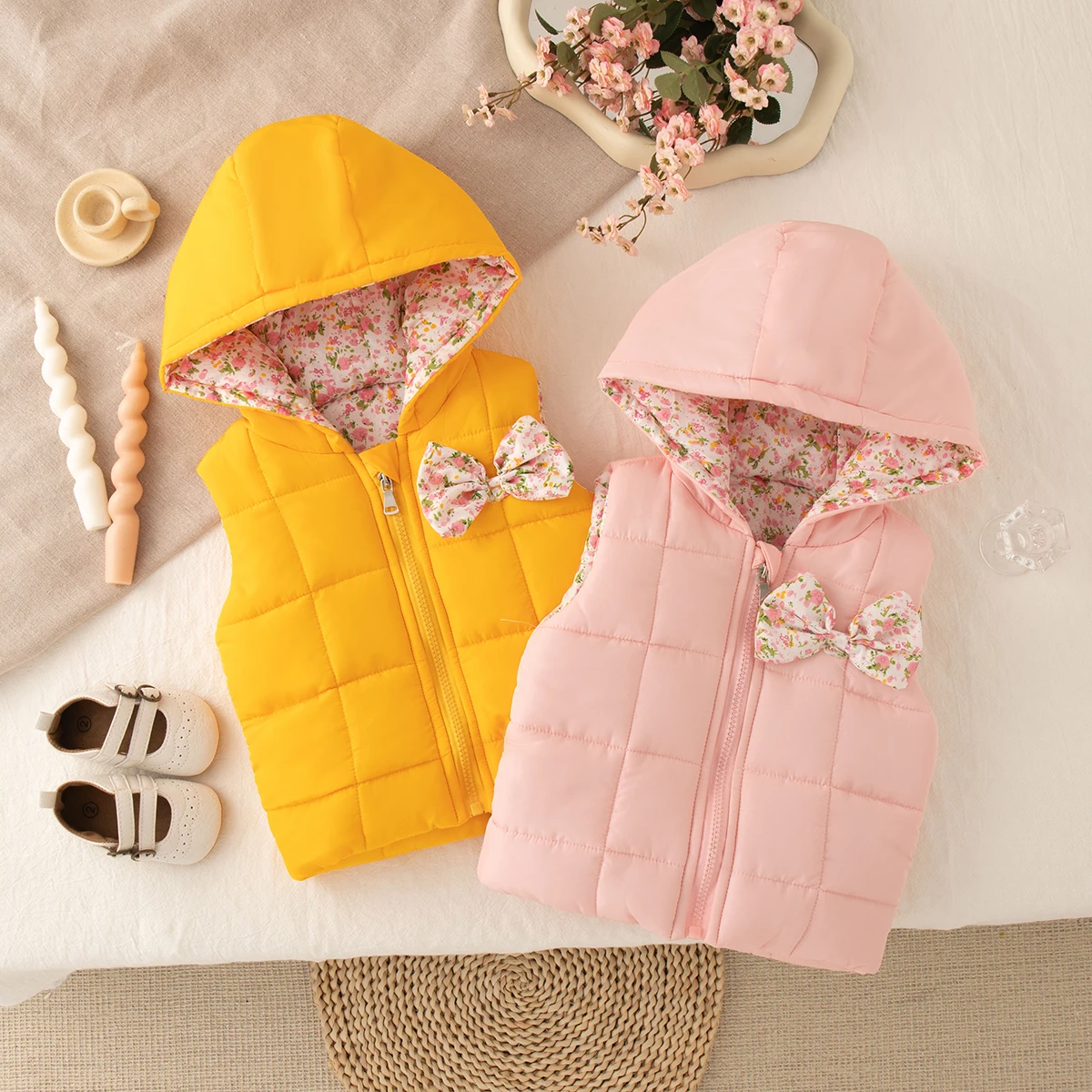 

Baby Girl Vest Outerwear Winter Bow Solid Color Hoodie Girl Vest Jacket Cute Cartoon Baby Girl Jacket Baby Clothing