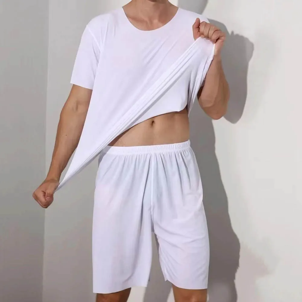 Conjunto de pijama de seda gelo masculino, tamanho grande, gola O, manga curta regular, amigável para pele, cor sólida, verão