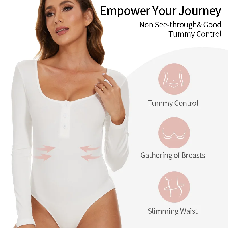 Women Round Neck Body Shaper Long Sleeve Shapewear Sexy Ribbed Bodysuit Front Button Compression Fitness Tummy Control Outfit 4 Women Round Neck Body Shaper Long Sleeve Shapewear Sexy Ribbed Bodysuit Front Button Compression Fitness Tummy Control Outfit 4