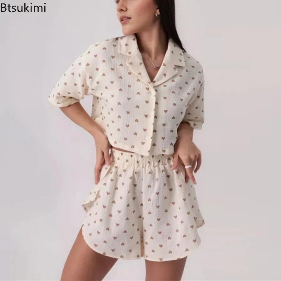 

Women's Pajamas Sets 100% Cotton Print Leopard Print Short Sleeved Shorts Pajamas Casual Thin Home Wears 2Pcs Nightwear Ladies