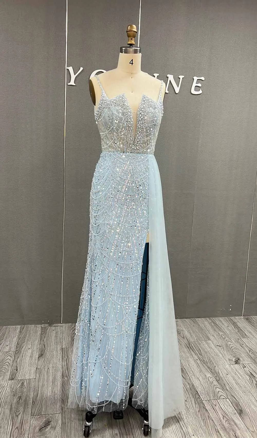 YQLNNE Luxury Sky Blue Mermaid Pearls Beaded Evening Dresses Long Slit Formal Prom Wedding Party Gown With Detachable Train