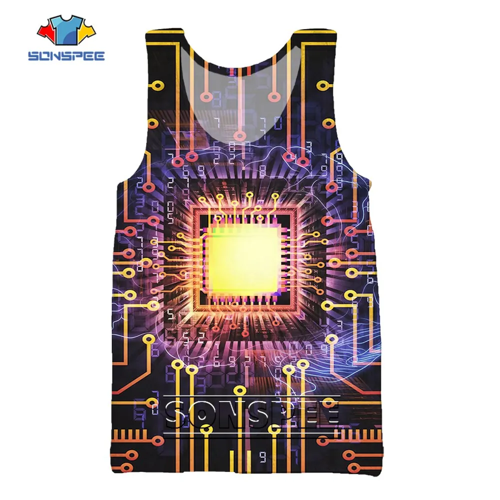 

SONSPEE Summer Cool Circuit Board Diagram 3D Printed Sleeveless Harajuku Graphic Vest Unisex CPU Processor Streetwear Tank Tops