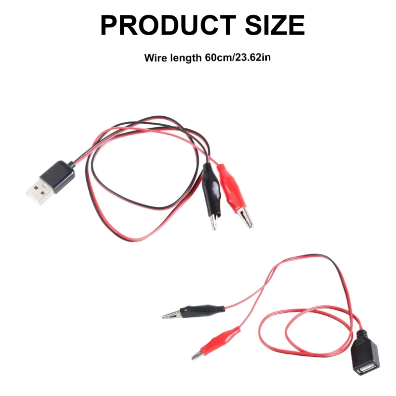 USB 5V Clip On Test Cable For Fans, LED Lights, Blowers, Cameras 60cm Length,Positive, Black Negative
