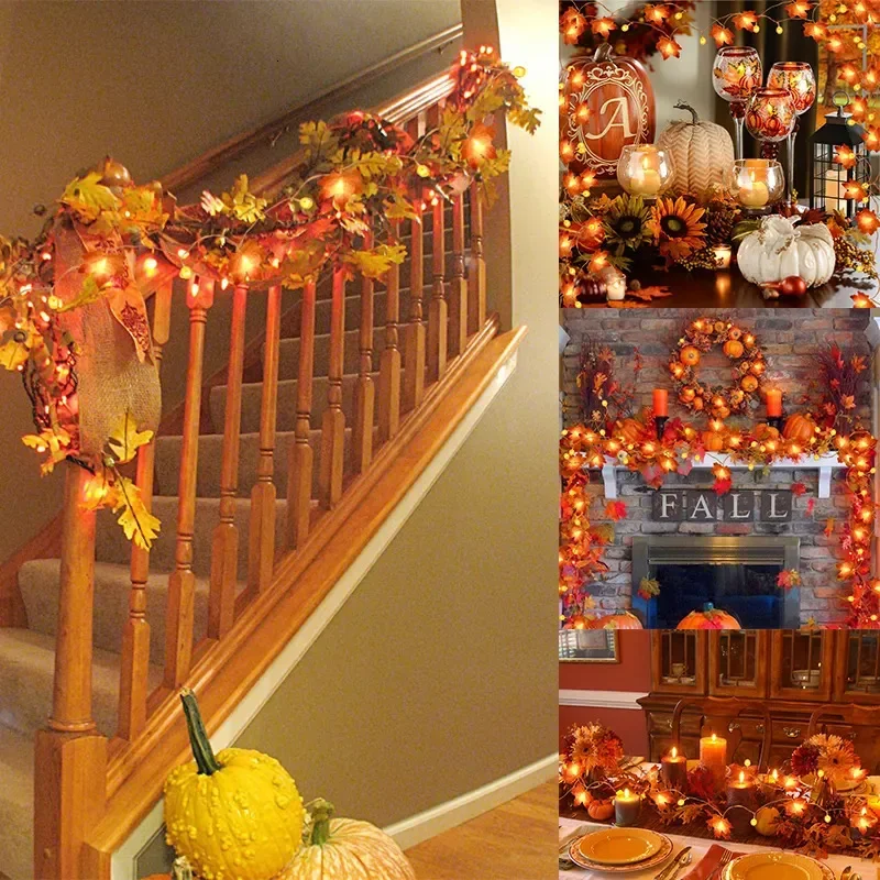 

Christmas Decorations 1020Leds Pumpkin Maple Leaves Light String Fall Garland Battery Powered Indoor Outdoor Garden Halloween Th