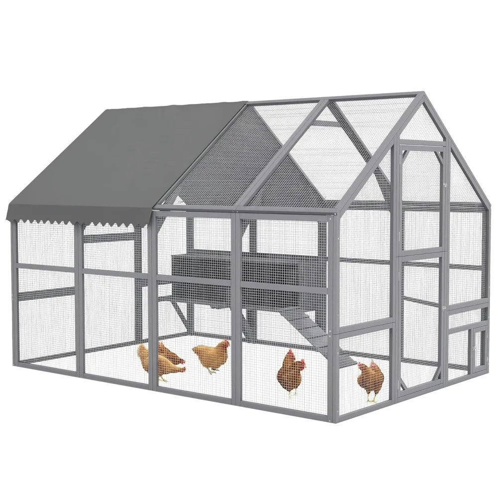Chicken Run, Wooden Chicken Coop with Waterproof & Anti-UV Cover, Split Door, 4 Nesting Boxes, Roosting Bar, Walk-in Chick