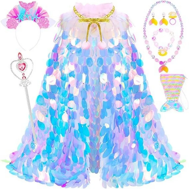 9-piece Girls' Mermaid Sequin Cape Outfit, Kids' Clothing for Halloween Masquerade Parties, Children's Wear Suitable for Parties