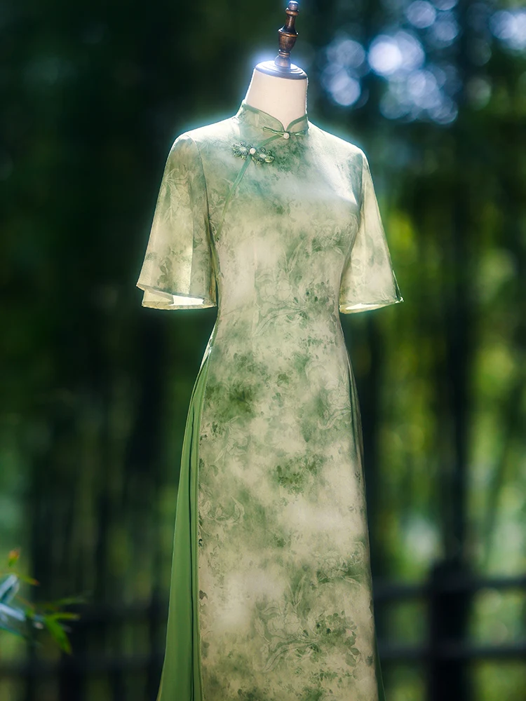 

Новое китайское платье-ципао в стиле шаньминьфу, приталенное, с сетчатым узором, из шелковых волокон, длинное, элегантное, для повседневной носки, дышащее, летнее, 2026