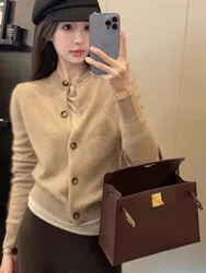 European goods round neck 100% pure cashmere knitted cardigan women spring and autumn loose long sleeve short wool coat