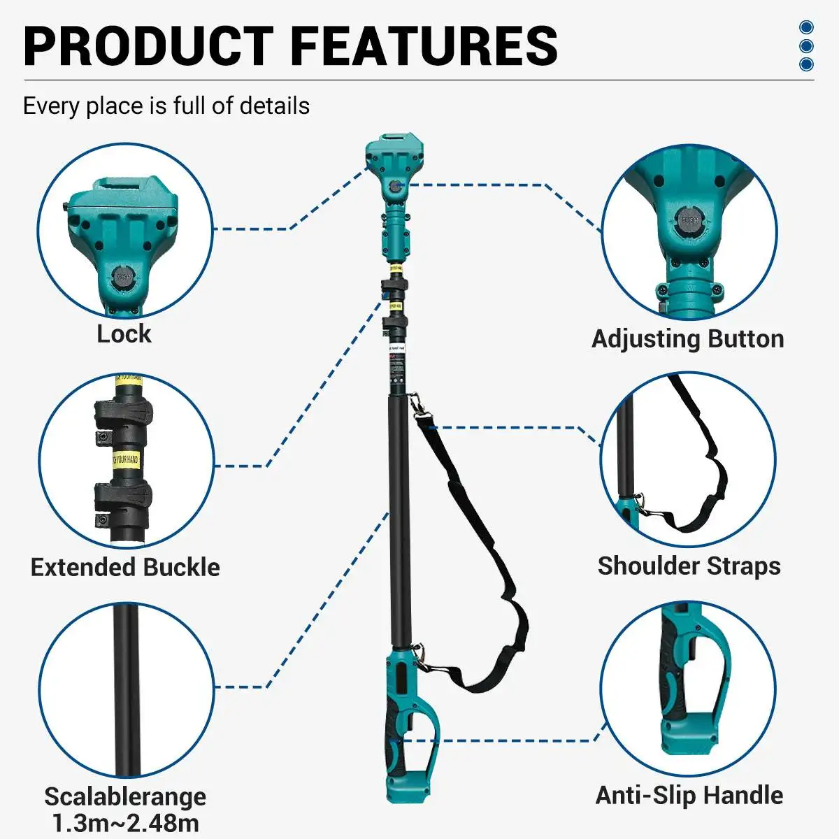 Imagem -03 - Motosserra Elétrica sem Escova com Pólo de Extensão Comprimento Ajustável Cortador de Ramos Altos para Makita 18v em 130248cm