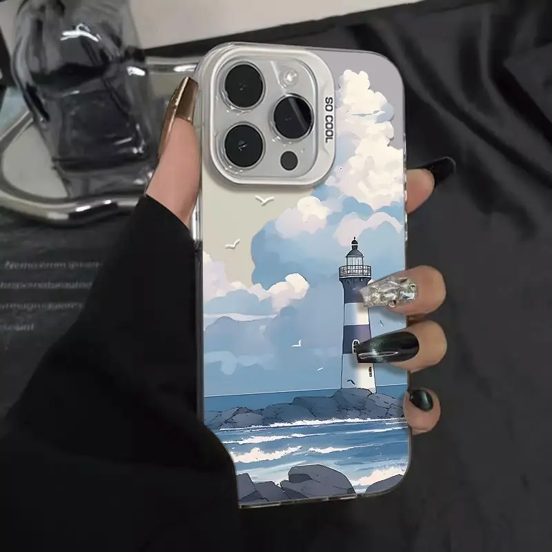 

Seagull Lighthouse landscape phone case for iPhone 16 15 14 13 12 11 Pro/ Max/Plus shock-proof rear cover anti-fingerprint