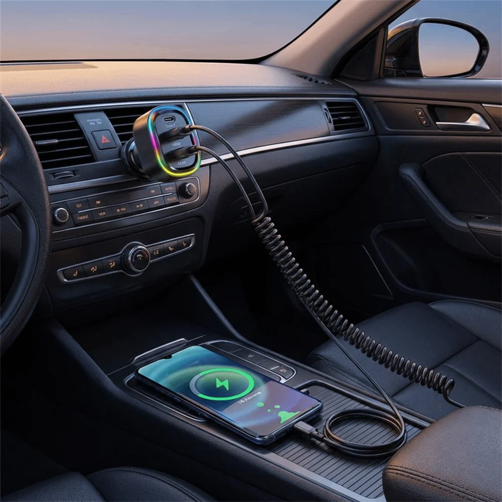 

81W Power Car-mounted multi-function charger Type C Slot 6 in 1 Ports Car Charger Adapter 1.5m Cable Anti-Slip Clamp