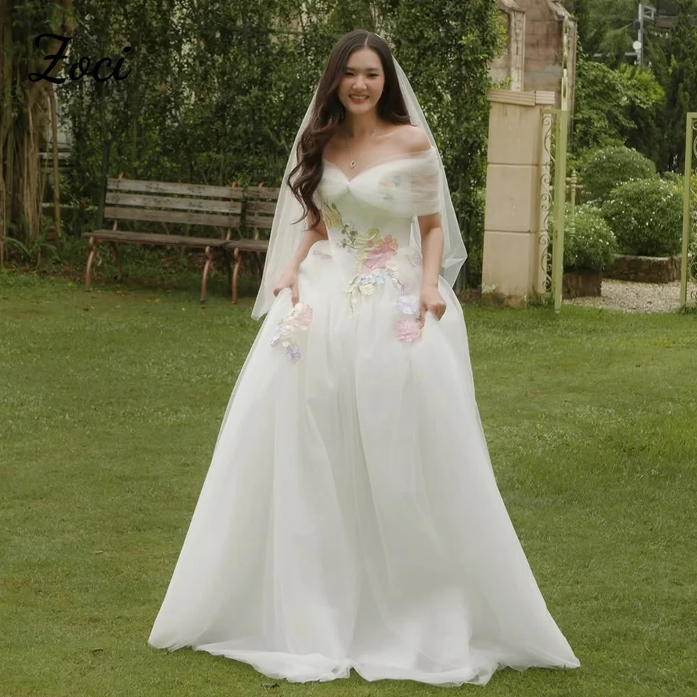 

Свадебное платье Zoci Classic с кружевными аппликациями, корейский фасон А-силуэт, из мягкого фатина, длинное, простое, на заказ, для фотосессии, для невесты