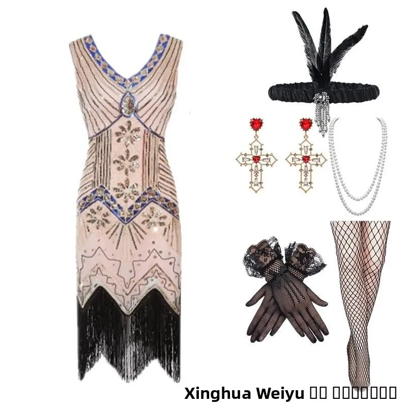 920s eat Gatsby Evening Dr Tassel Large Size V-ne Dr Set Banquet Gown Ele Retro Sle Women's Faion