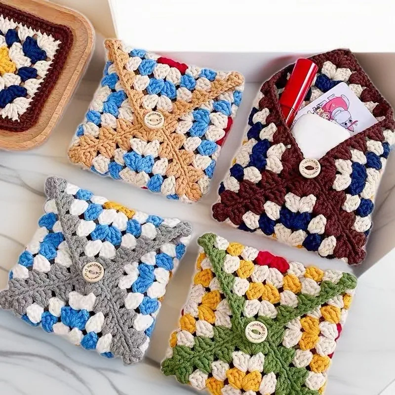 Handmade Crochet Small Cute Purse Knit Mini Bag Colorful Makeup Bag Granny Square Wallet Pouch Retro HandBags for Women