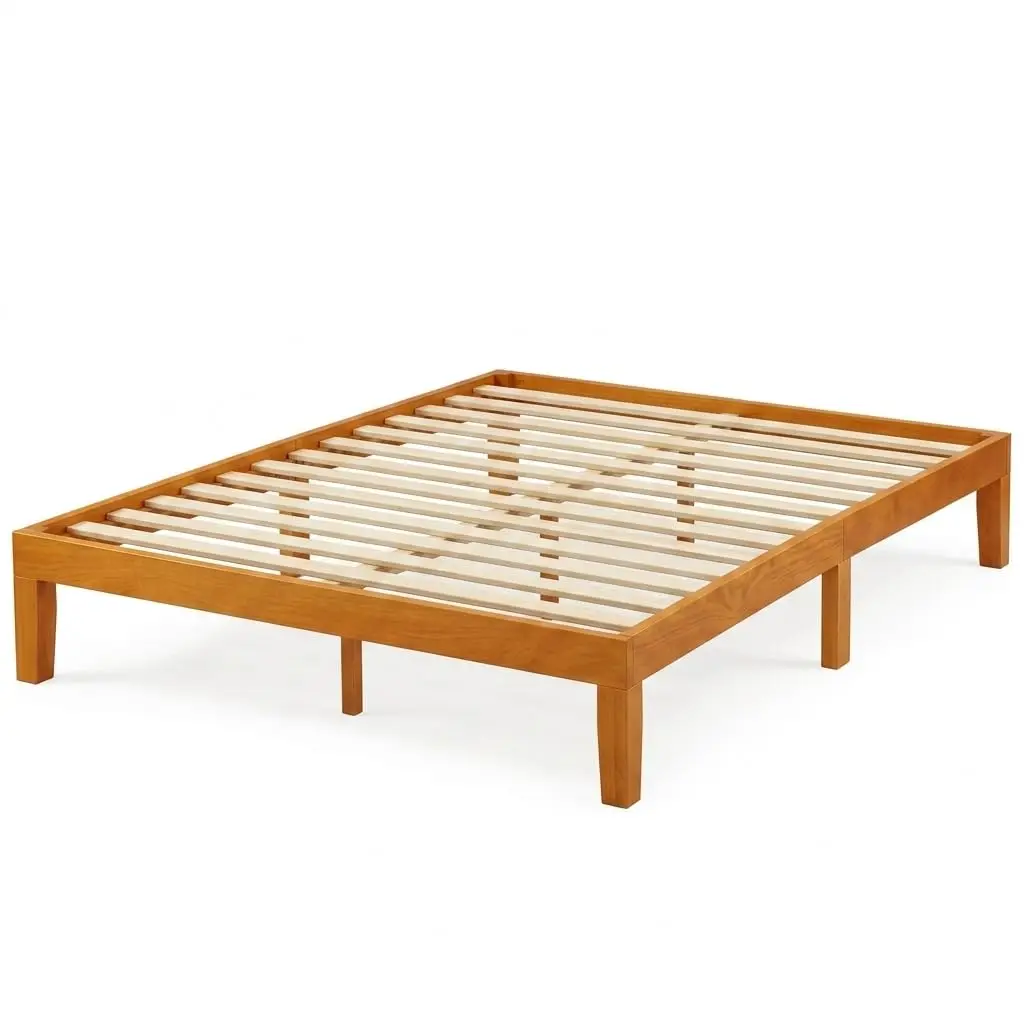 Solid Wood Full Size Bed Frame, Honey Pine Wood Platform Bed Base with Slat Support, No Box Spring Needed, Classic, Customized