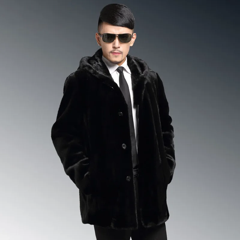 Winter Thick Warm Men Mid-Length Hooded Faux Fur Coat Luxury Brand Single Breasted Long Sleeve Loose Windbreaker Fur Coats