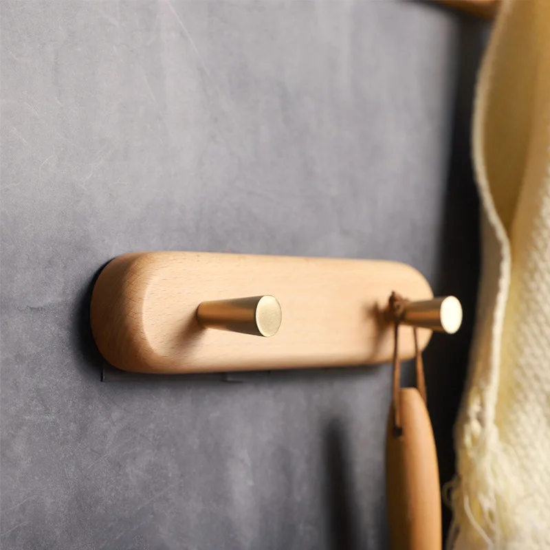 Walnut Wood Wall Non-perforated Mounted Coat Rack with Brass Hooks-Minimalist Entryway Organizer for Keys, Bags, Hats & Towels