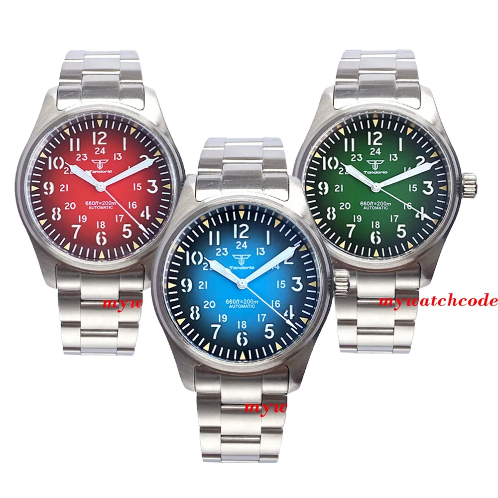 

Tandorio Steel Pilot NH35 PT5000 Dive Watch Men Sandwich Green/Blue Dial 200m Waterproof Wristwatch Steel Band Field Mechanical