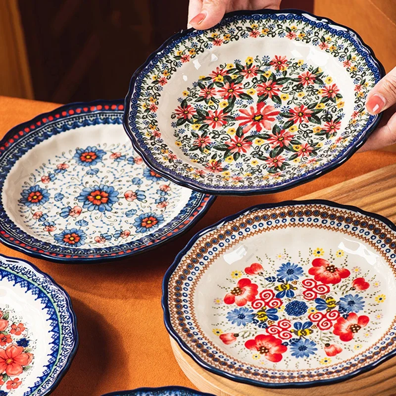 Vintage Flower Ceramic Plate Multiple Colors Creative Dining Plates Home Dishes Deep Plate Restaurant Serving Tray Tableware