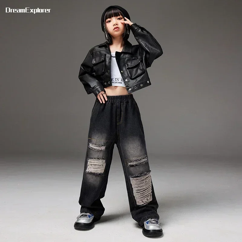 Girls Hip Hop Cropped Leather Motorcycle Jacket Ripped Jeans Boys Street Dance PU Coat Child Streetwear Kids Jazz Clothes Sets