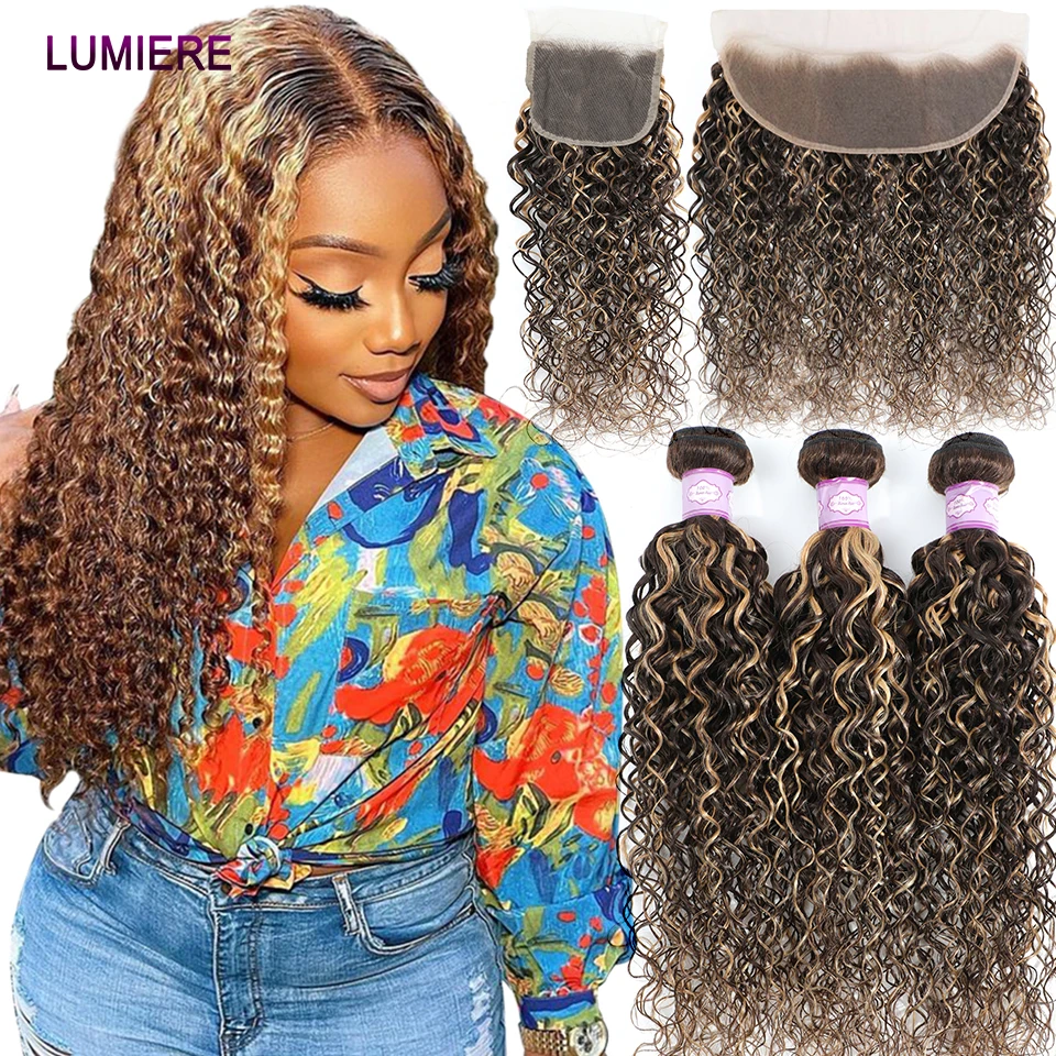 P4 27 Highlight Water Wave Bundles With Closure 4x4 13x4 Lace Frontal Brazilian Ombre Colored Human Hair 3/4 Bundle With Closure