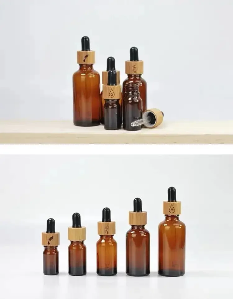 

cosmetic containers amber glass bottles with dropper essential oil bottles with bamboo cap Serum Perfume Bottles With Mist Spray