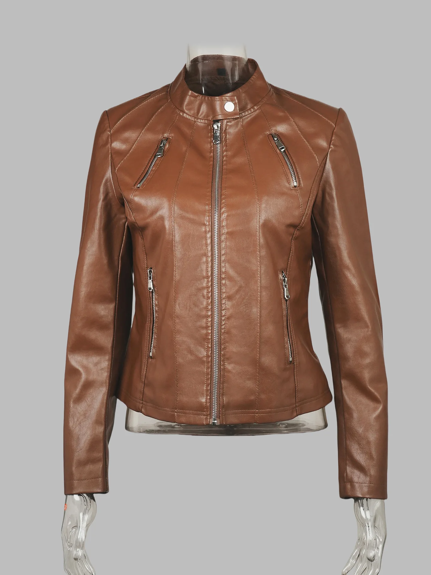 Mandylandy Slim-fit Faux Leather Women's Stand-up Collar Locomotive Jacket เสื้อหนังมอเตอร์ไซค์ยุโรปและอเมริกา