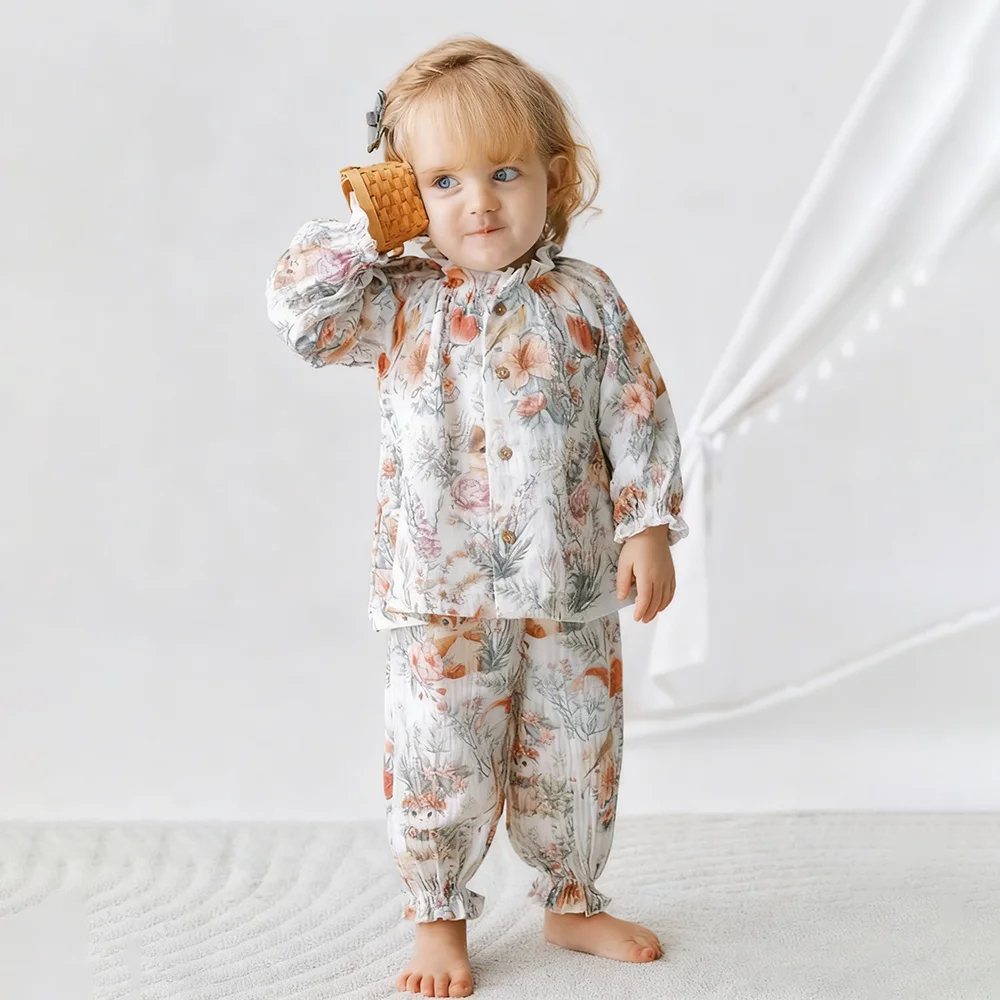 Cute Printed Baby Girl Clothes Suit for Spring Pure Cotton Long Sleeve Blouse + Pant 2Pcs Children Boy Girl Clothing