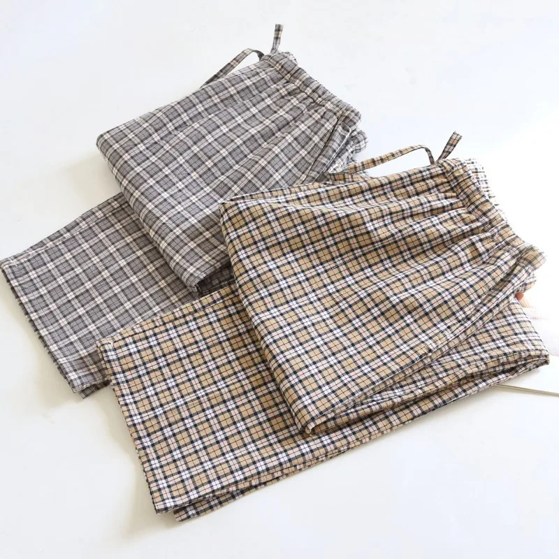 

Spring Autumn High Quality Pants Men 100% Cotton Sleep Bottoms Male Plus Size Night Trousers Men Casual Loose Plaid Home Pants