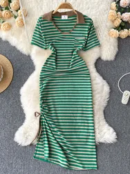 Retro Style Striped Dress Women 2023 Fashion Summer Polo Dress Casual Short Sleeve Slim Drawstring Ruched Split Long Maxi Dress