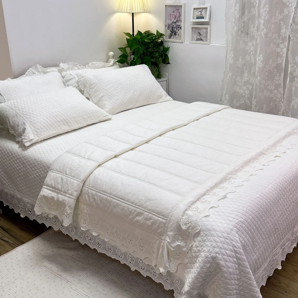 French Vintage Lace Embroidered Cotton Bedspread Quilt Set 3PCS, Bali Voile Enzyme Washed All Season Lightweight Comforter 1PC