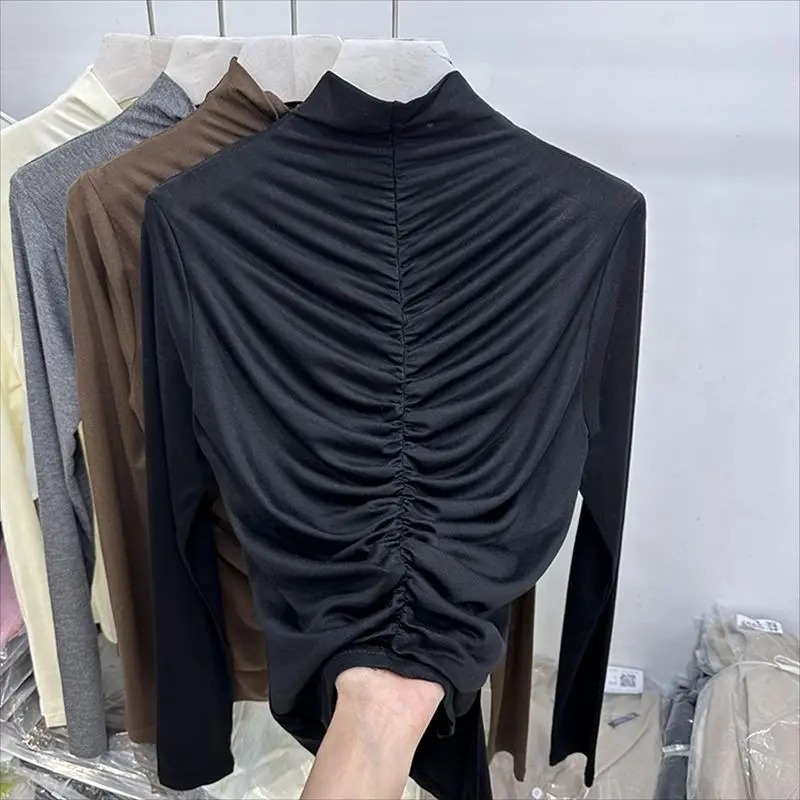 

Solid Pleated Simplicity Casual Top Long Sleeve All-match Loose High Street T Shirts Spring Autumn Fashion Vintage Women Clothes