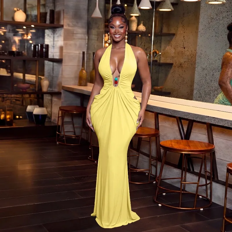 Fashion Solid Ruched Hollow Out Bodycon Party Maxi Dress Women Sexy Deep V-neck Halter Backless Slim Evening Gown Long Robes