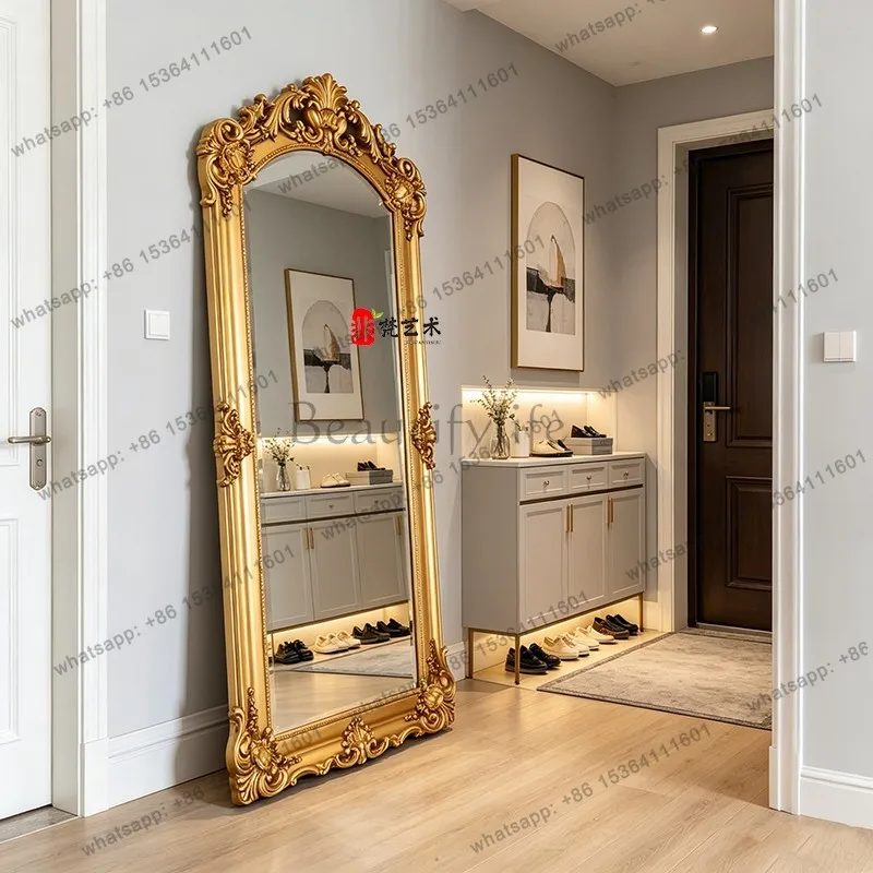 YJ Carved full-length mirror Home cloakroom fitting large mirror American living room bedroom floor-to-ceiling full-length mirro