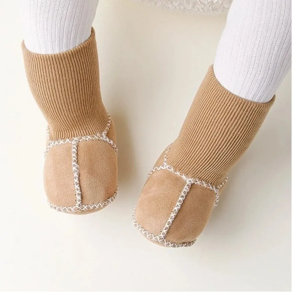 سميكة الطفل الجلد المدبوغ أحذية من الجلد الصوف مبطن لينة أسفل الطفل الجوارب أحذية جلد الغزال المضادة للانزلاق الطفل خطوة أحذية التعلم