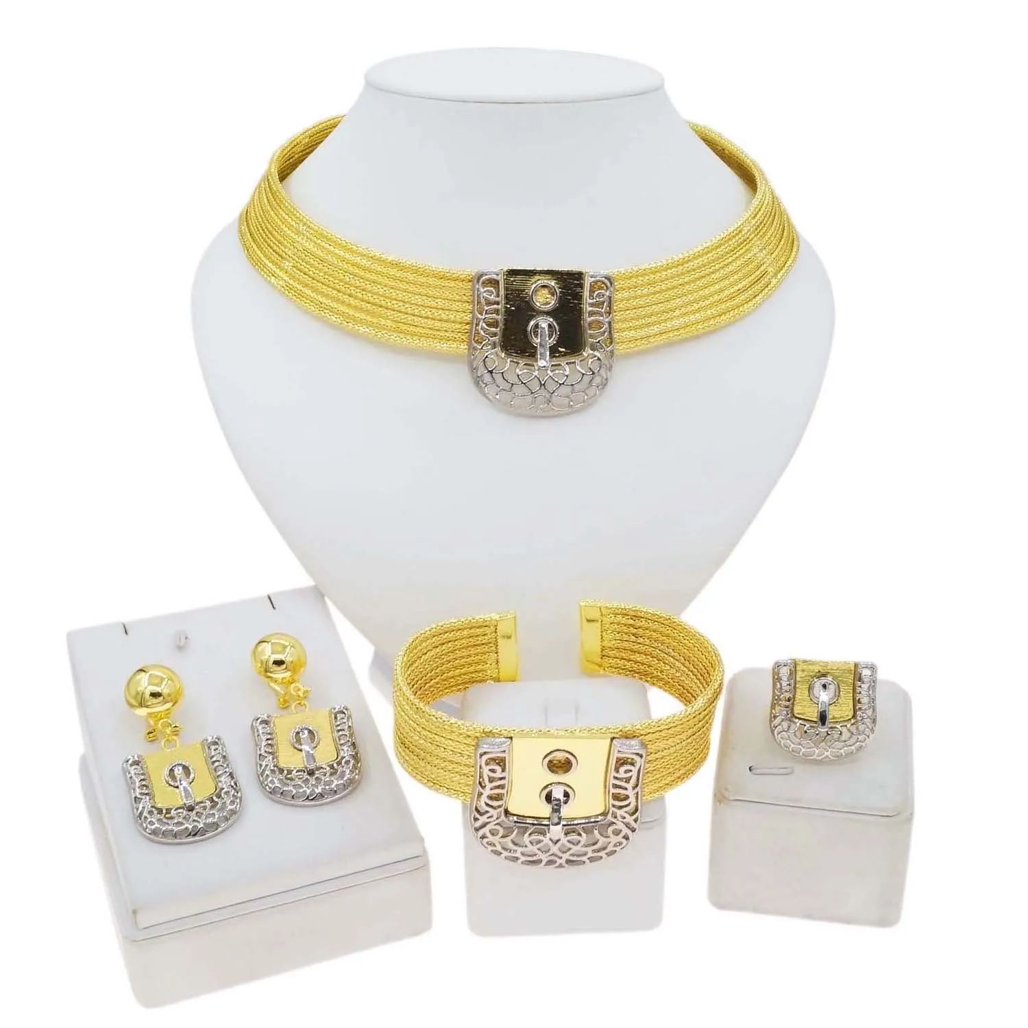 

New Hot African Dubai 24k Gold Plated Choker Necklace Jewelry Set for Women Bridal Wedding Crystal Bracelet Earrings Jewellery
