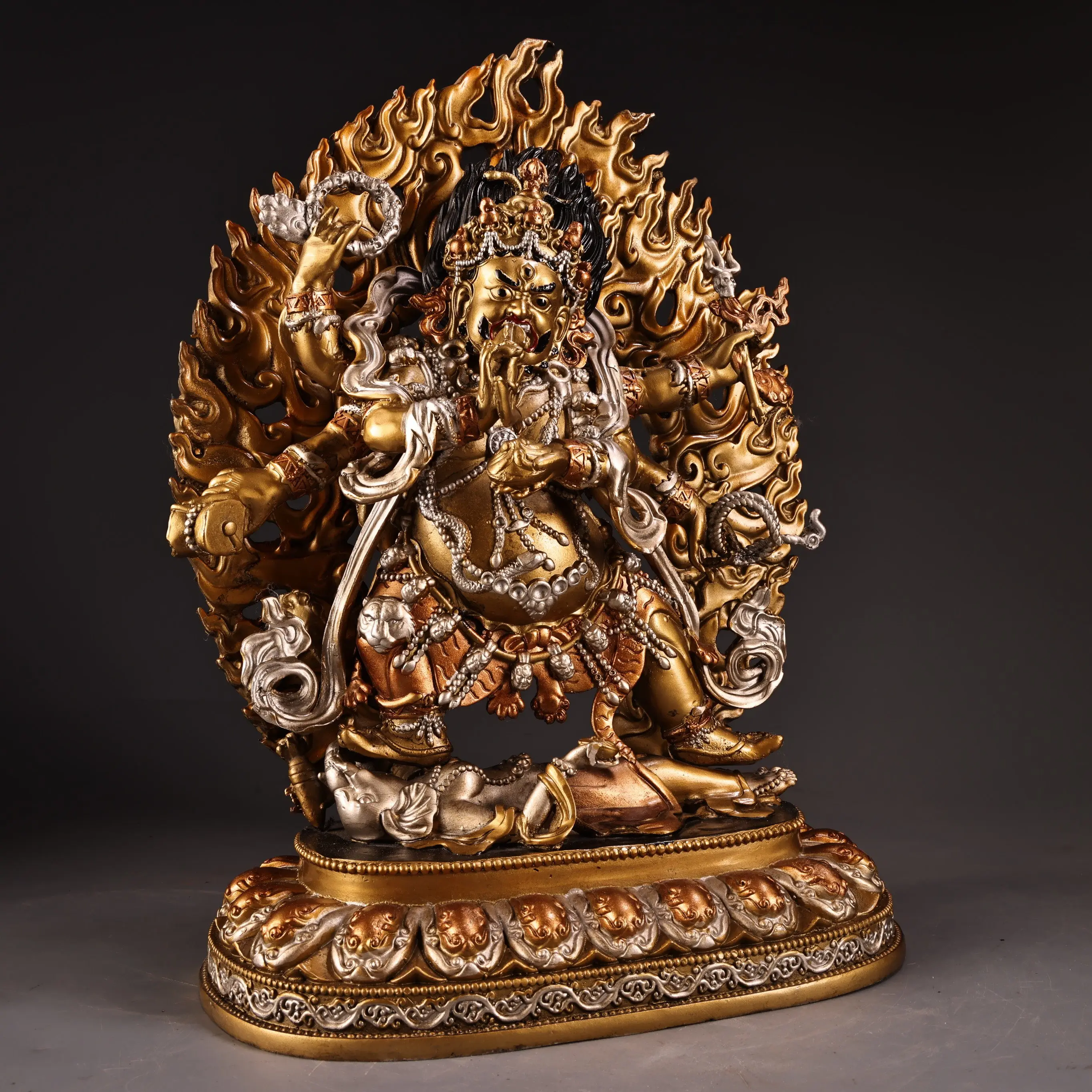 Bronze High Relief Engraved Tibetan Six Arm Mahakala Statue Gold Silver Painted Heavy Patina Fine Art Collectible