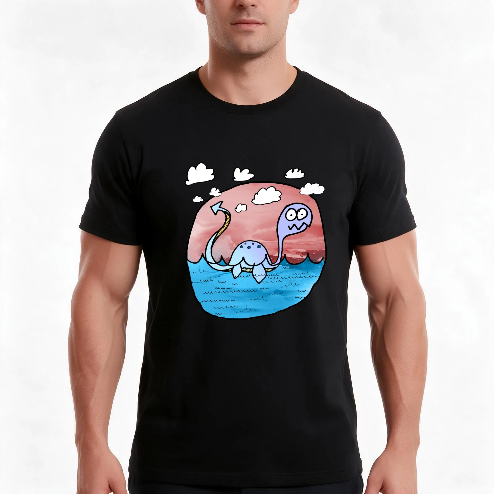 a plesiosaur on an exciting journey T-Shirt, Summer Casual Cotton Tee, Oversized Streetwear Tops, Vintage Graphic Print