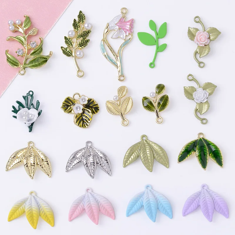 100Pcs set Ins wind fresh lily green leaf camellia handmade earrings, alloy pendant DIY material
