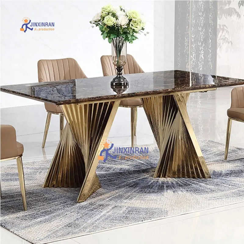 

Stainless Steel Gold Frame Dinning Table Set Modern Luxury Marble Top 8 Seat Dining Table Set