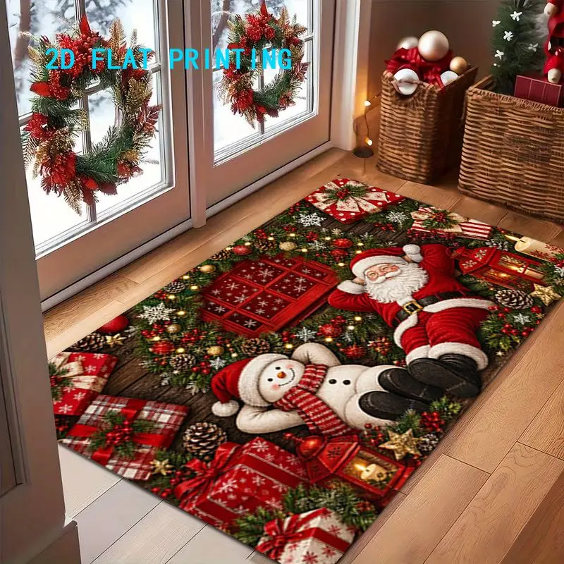 VIKAMA Snowman Santa Doormat, Lying Christmas Snowman with Gifts Candles, Front Door Welcome Mat, 2027 Happy New Year Home Decor