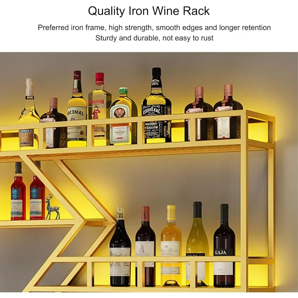 Scaffali da bar montati a parete per portabottiglie con portabottiglie da vino sospeso e espositore per bottiglie di liquore a luce LED galleggiante