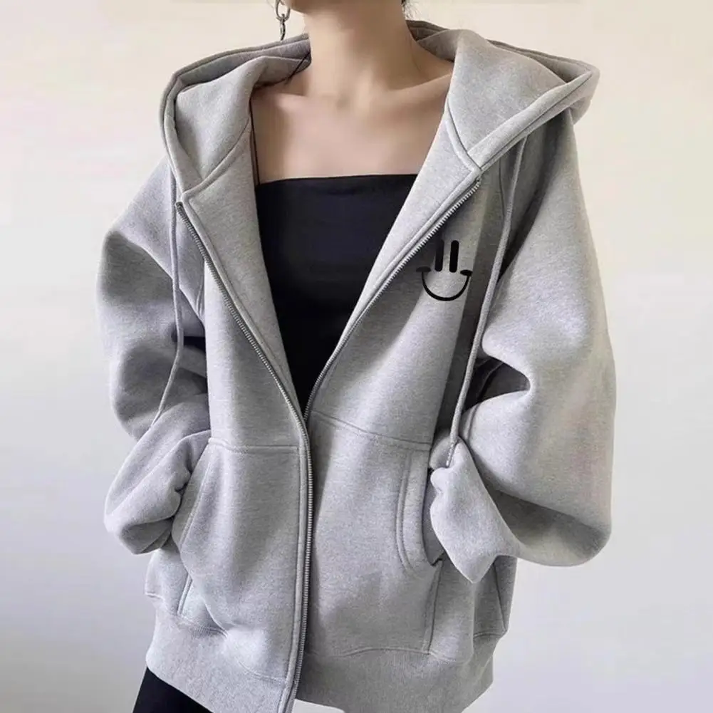 Casual Loose Fit Hoodie Women's Winter Hooded Coat with Plush Lining Zipper Closure Drawstring Windproof Outdoor Jacket for Heat