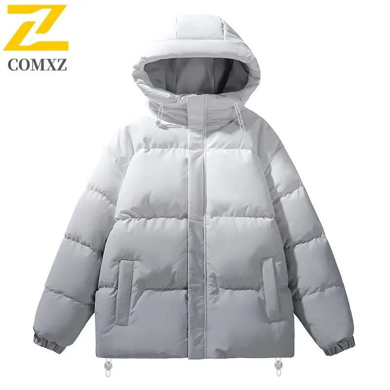 

COMXZ 2025 Mens Womens Gradient Color Block Puffer Jacket Korean Style Loose Fit Thickened Casual Couple lightweight windbreaker